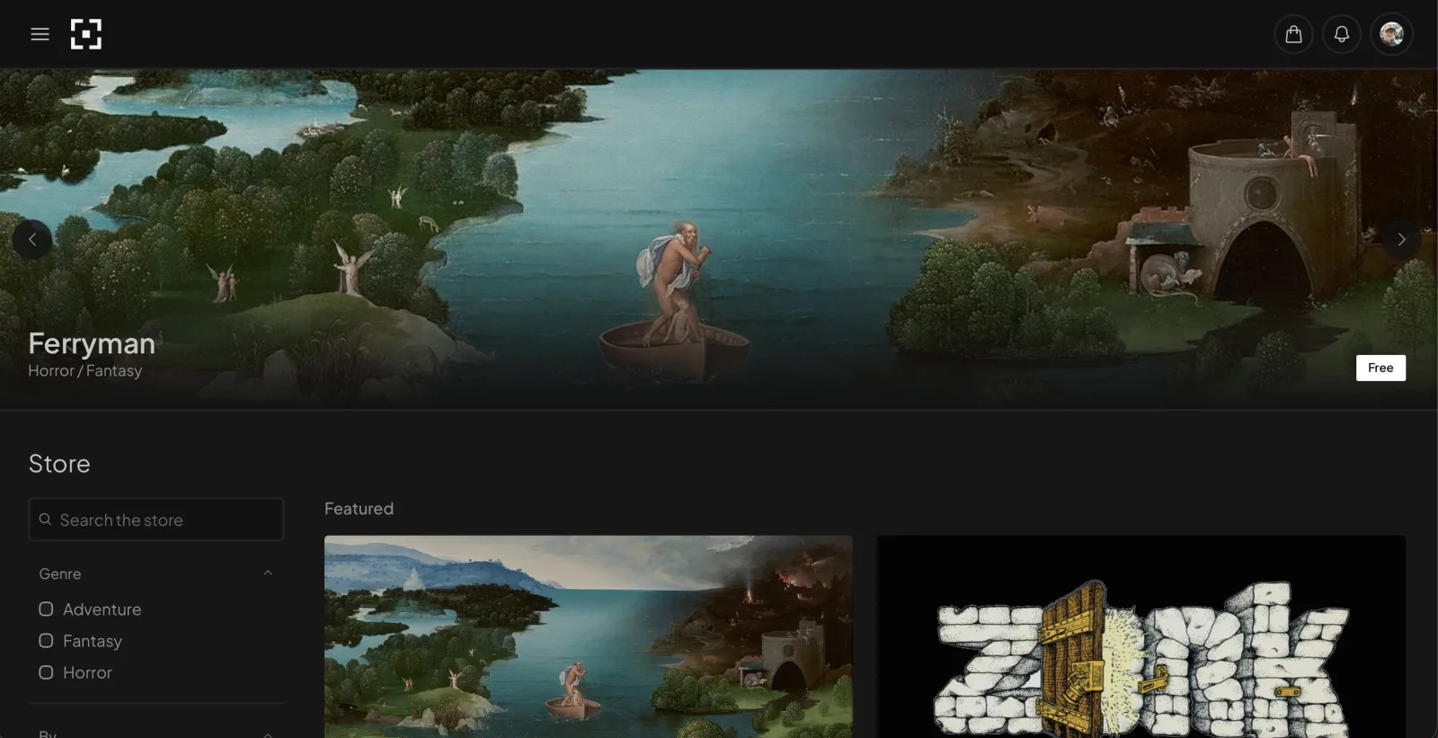The store, with Ferryman across the top and featured games beneath.